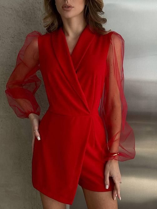 Жіночий стильний елегантний комбінезон креп дайвінг+сітка Червоний, 46/48 Одеса - фото 2