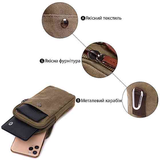 Компактная сумка-чехол на пояс с металлическим карабином из текстиля Vintage 22224 Оливковый Киев