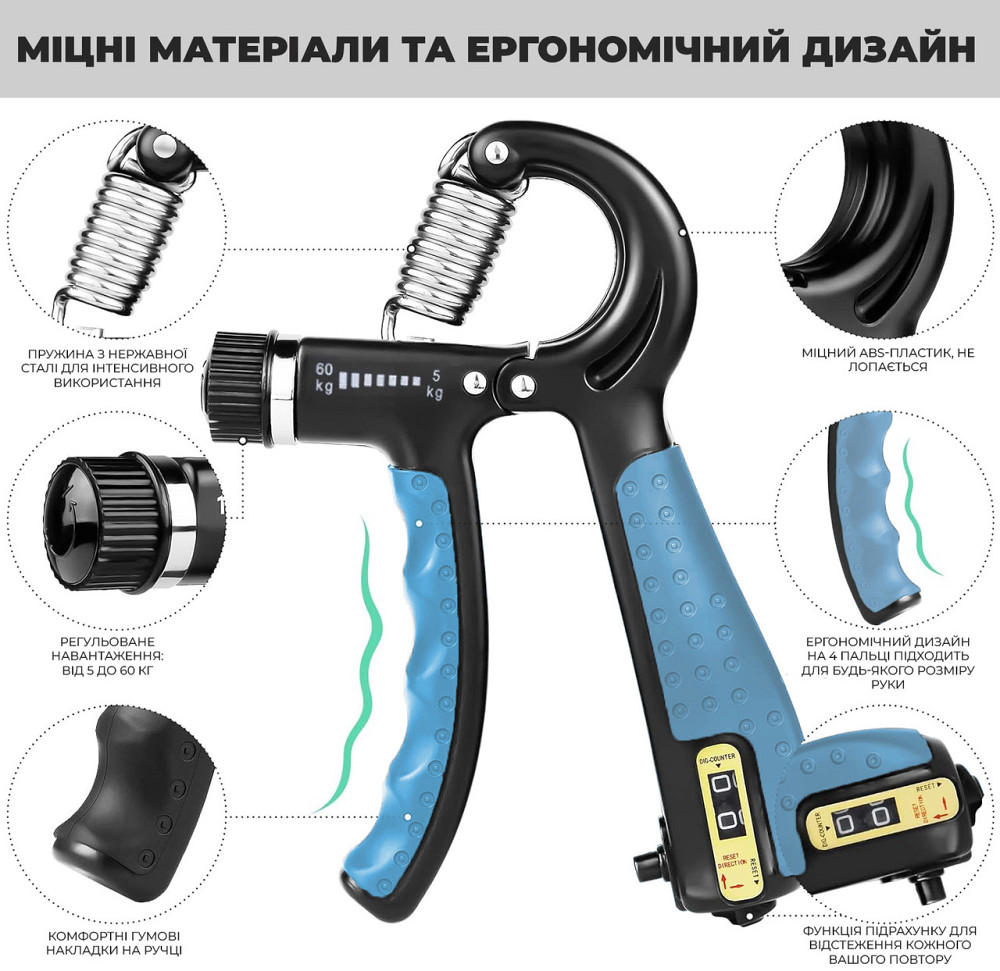 Еспандер кистьовий з лічильником PowerPlay PP-4402 з регульованим навантаженням 10-60 кг. Синій Кам'янське - фото 2