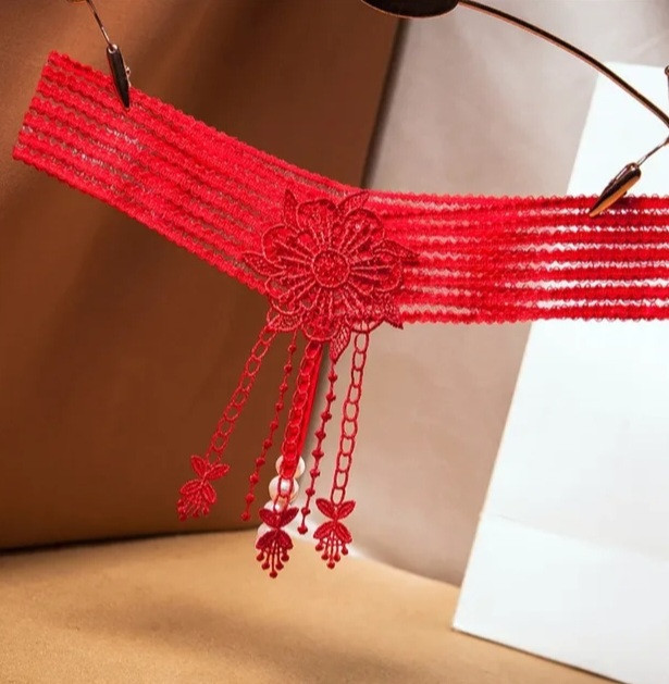 Трусики з намистинками та квіткою червоні - розмір універсальний, резинка до 90см Київ - фото 1