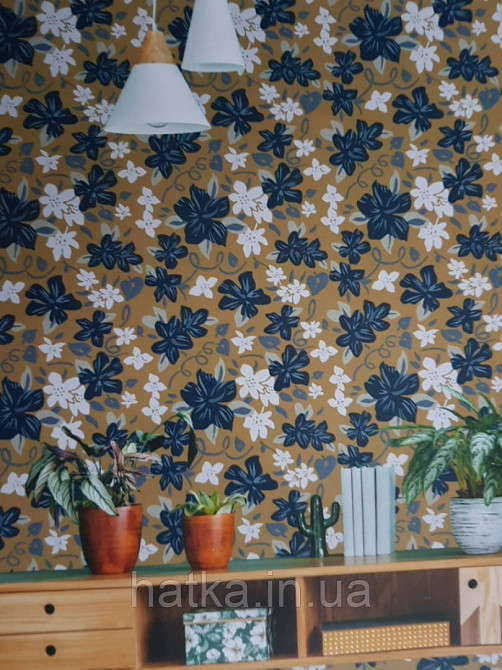Обои виниловые  Lutece Bensimon цветы листья синие голубые белые бежевые на горчичном Киев - изображение 1