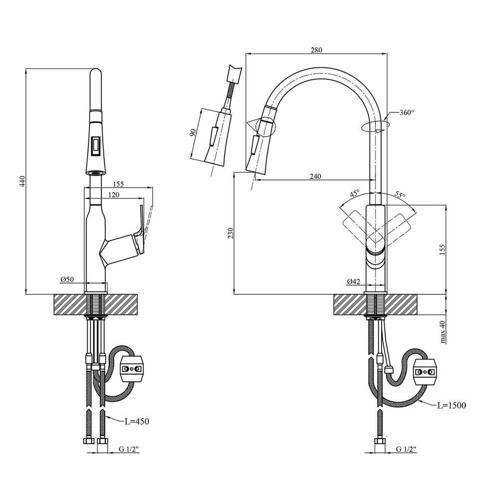 Смеситель для кухни с выдвижным изливом Kroner KRP Graz - GRP030-T графит Киев - изображение 2
