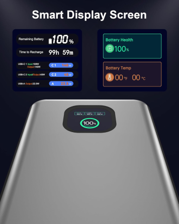 Power Bank Ansody 140W 25000mAh PD 3.1: Швидка зарядка для MacBook, iPhone 16/17 та Steam Deck, Smart-дисплей, Сріблястий Уцінка Київ