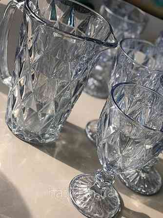 Набір 6 шт. келихів + глечик 1 л. «Дзеркальний Смарагд» 300 мл блакитний колір Київ