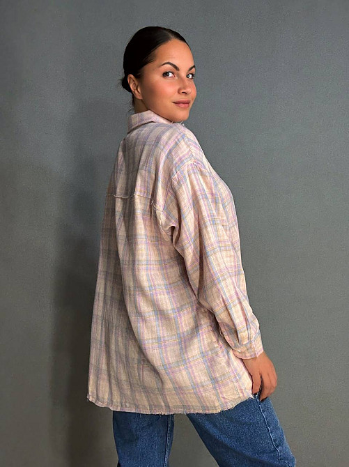 Рубашка женская A-N 27069 оверсайз двухслойная в клетку с бахромой, розовый, one size Киев - изображение 3