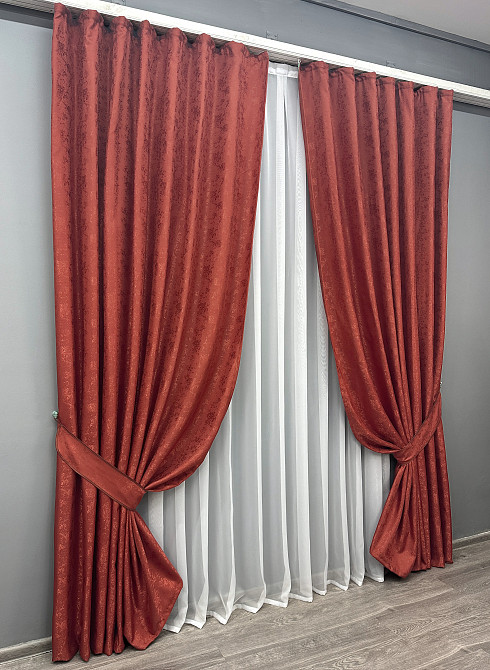Комплект готовых штор VR-Textil Жаккард Мрамор Al1 № 1303ш Красный 100х270 см 2 шт (31-685) Киев - изображение 11