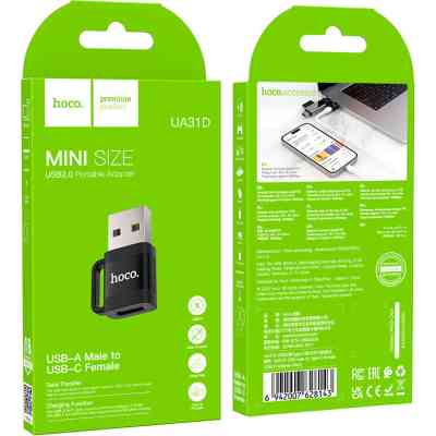 Переходник UA31D USB M to USB-C F USB2.0 Black HOCO (6942007628143) Винница