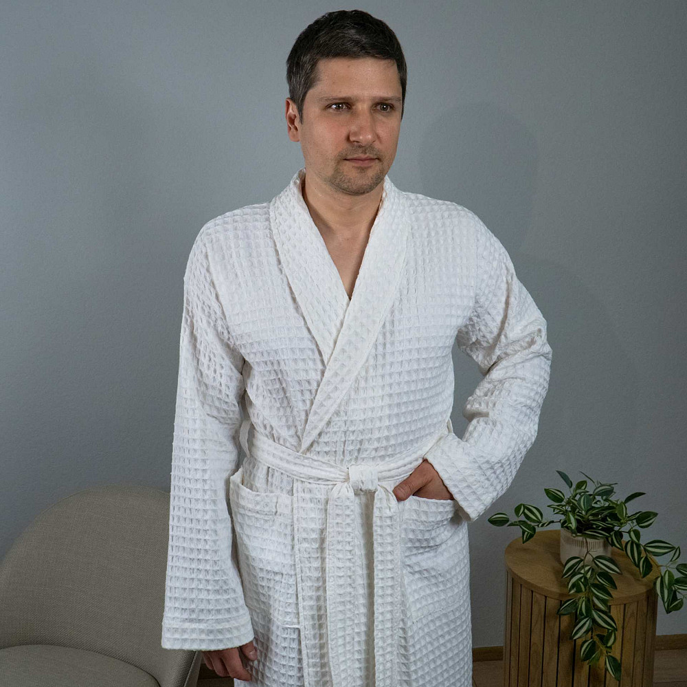 Вафельний халат чоловічий з коміром, довгим рукавом YouStar 100% бавовна 380 г/м2 (Білий) S Суми - фото 8