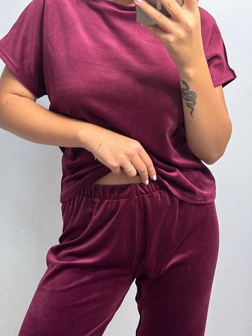 Пижама-комплект (футболка+шорти+штаны) из плюш-велюра Бордо M Харьков - изображение 3