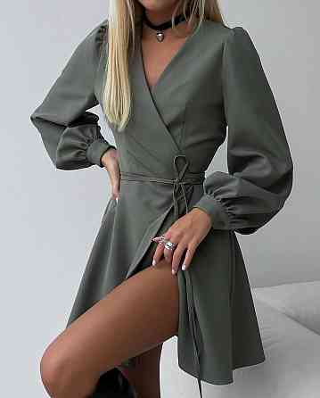 Женское базовое мини платье на запах костюмка Хаки Одесса