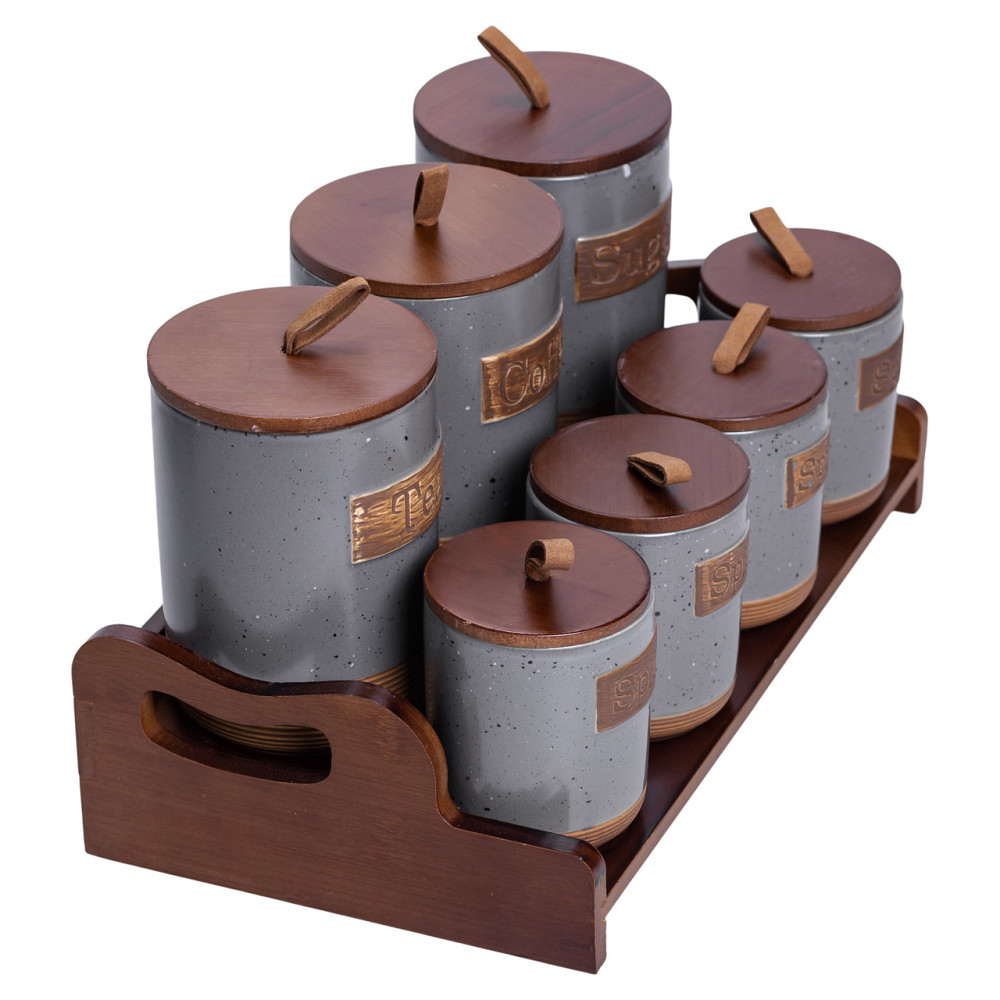 Yiwu Банки для сипучих продуктів набір 9 штук на бамбуковій підставці з кришками 36.5×20.5×22 с Коломия - фото 1