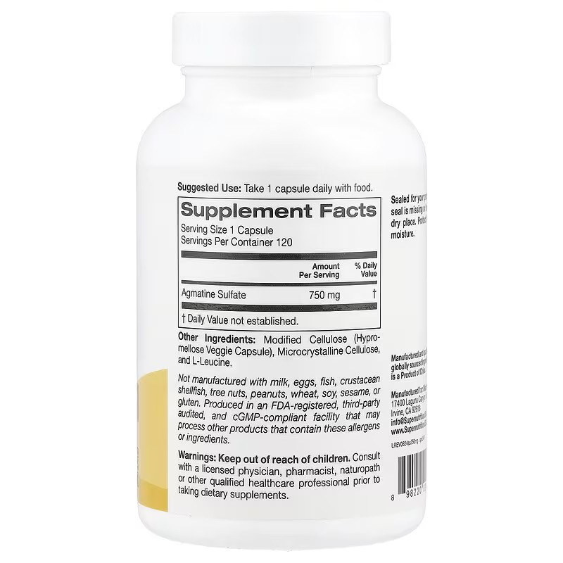 Агматин сульфат Super Nutrition Agmatine Sulfate, 750 mg, 120 Veggie Capsules Луцк - изображение 2