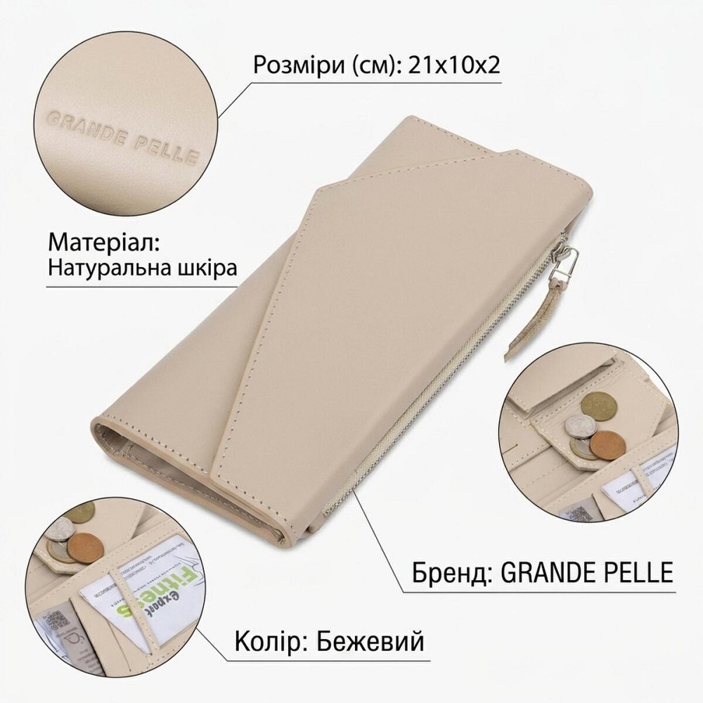Женский классический кошелек GRANDE PELLE 11521 Бежевый Киев - изображение 13