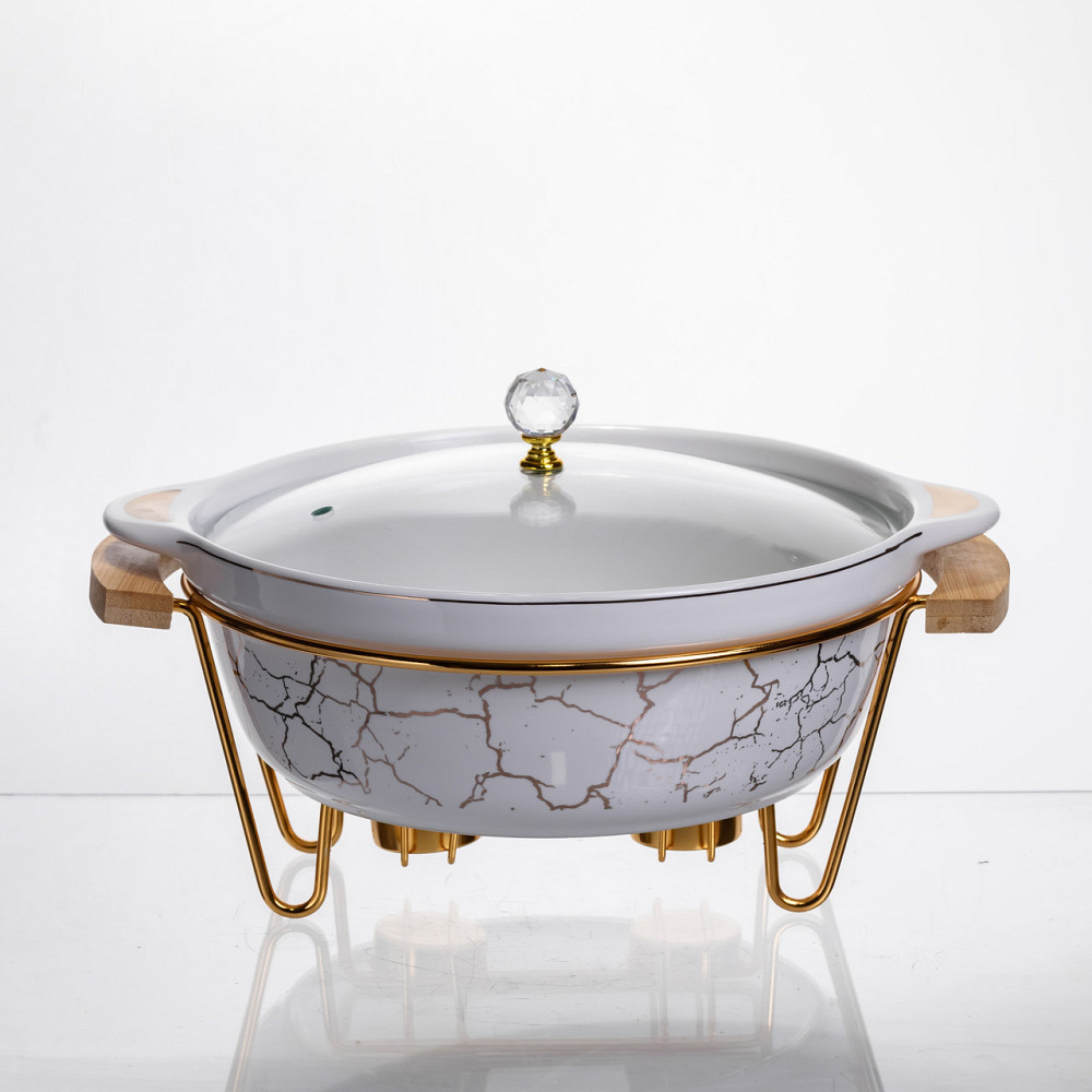 Круглий фарфоровий мармит з підігрівом 2 л, білий мрамор Київ - фото 1