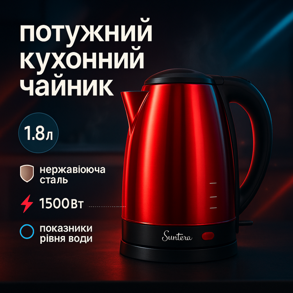 Потужний електрочайник електричний Suntera EKB-302R 1500 Вт, Чайник для дому зручний FL-17 Львів - фото 11