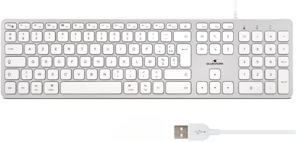 Клавіатура дротова мембранна Bluestork тиха, 13 мультимедійних клавіш, USB-A, біла AZERTY, стильна тонка для Mac, ПК, ноутбука Київ - фото 1