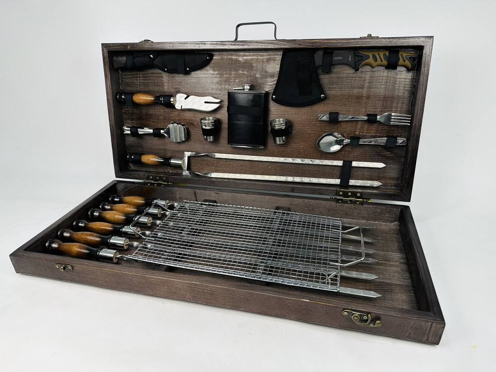 Подарунковий набір шампурів в дерев'яному кейсі для пікніка ПРЕМІУМ, ручної роботи (шампура і аксесуари) HAPPY DAYS Тернопіль - фото 1