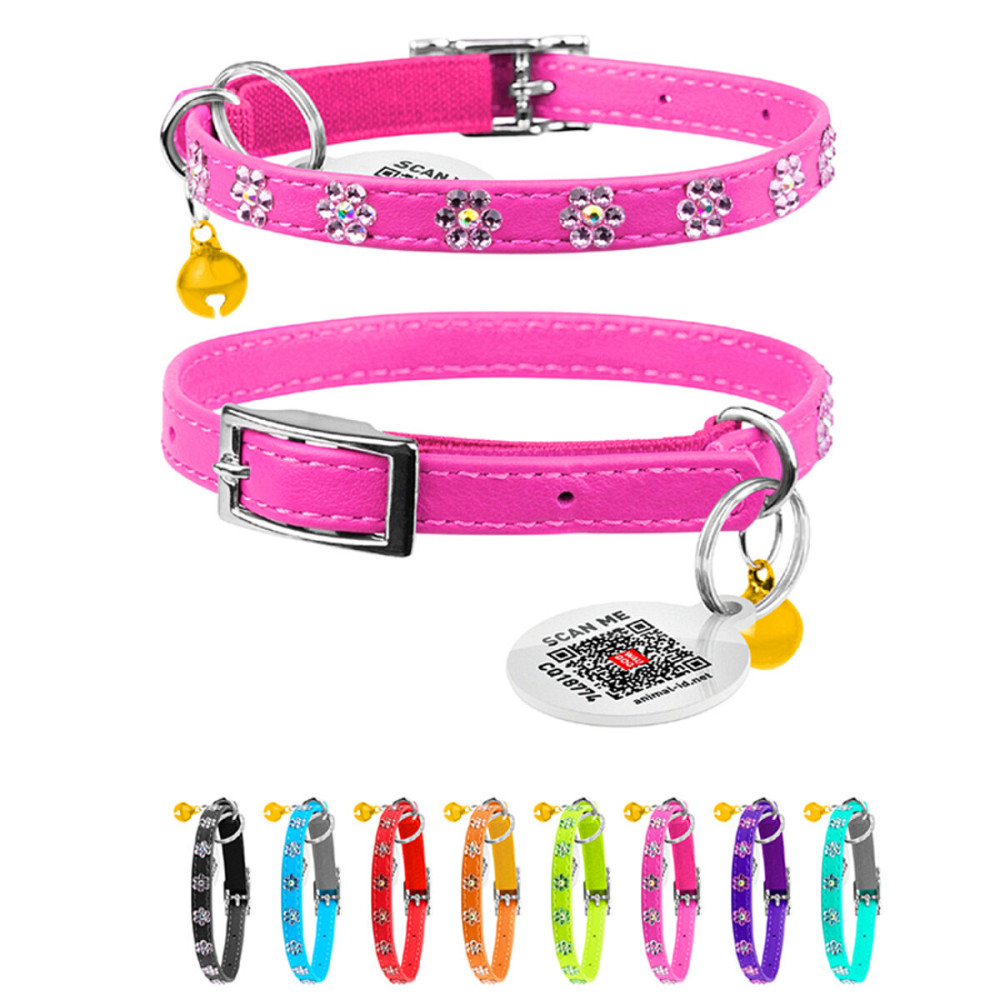 Нашийник WAUCAT Glamour з резинкою, клейовими стразами "Квітка" для котів (ширина 9мм, довжина 22-30см) рожевий Київ - фото 1