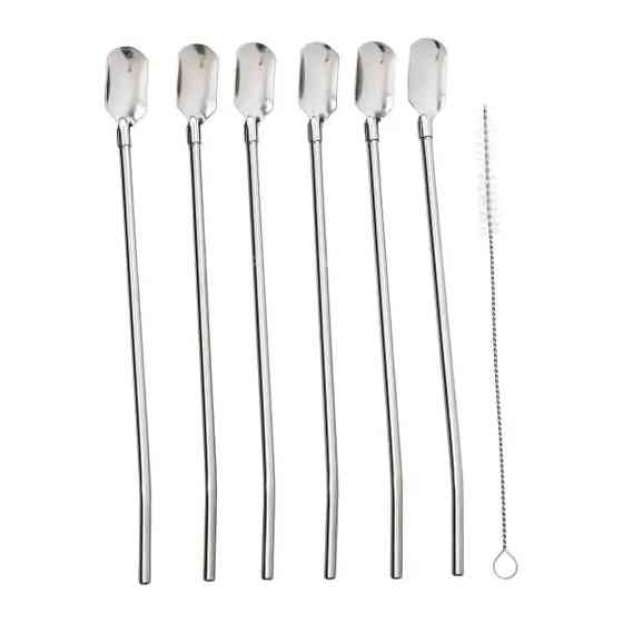 Yiwu Набір багаторазових ложок-трубочок 6 шт для напоїв 22 см зі щіткою для миття з нержавіючої Київ