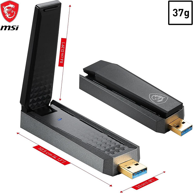 Адаптер Wi-Fi 6 MSI AX1800, мережева карта WLAN до 1800 Мбіт/с, USB 3.2 Gen 1 Type-A, MU-MIMO з антеною та підставкою,  WPA3 Київ - фото 3