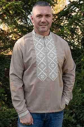 Вышиванка льняная мужская, длинный рукав, кофейная,( лен ) топ Киев