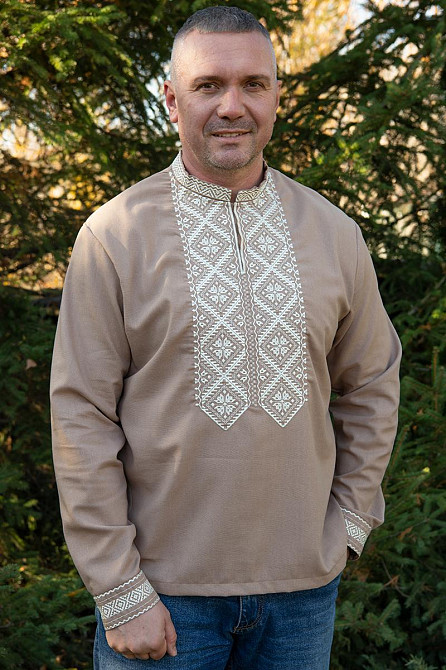 Вышиванка льняная мужская, длинный рукав, кофейная,( лен ) топ Киев - изображение 1