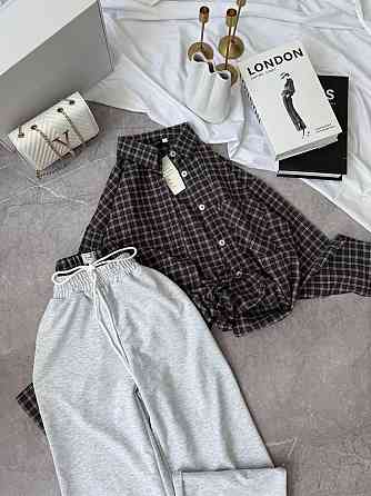 Женский повседневный костюм двойка: рубашка в клетку и штаны фланель + двунитка Шоколад 2, 48/52 Одесса