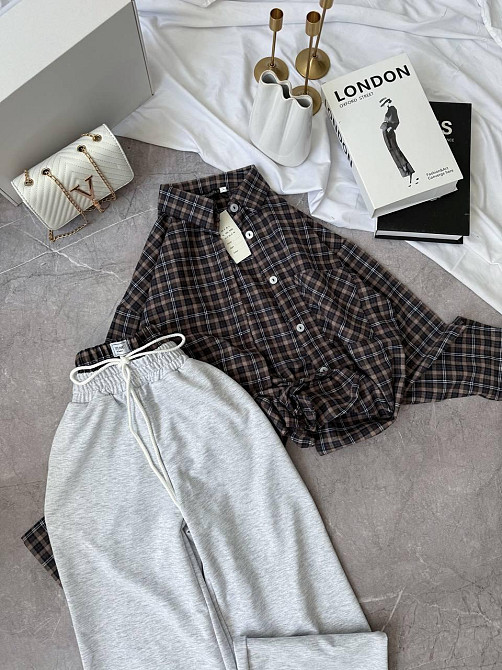 Женский повседневный костюм двойка: рубашка в клетку и штаны фланель + двунитка Шоколад 2, 48/52 Одесса - изображение 4