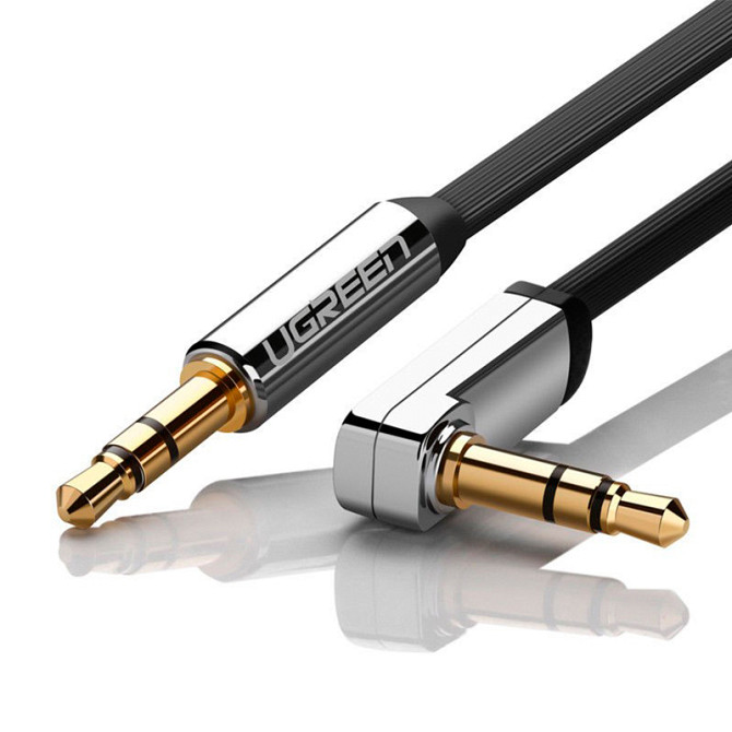 Аудіо кабель AUX 3.5 mm jack Ugreen з кутовим L-подібним штекером AV119 10598 (Чорний з сріблястим, 1.5м) Николаев - изображение 1