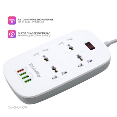 Мережевий фільтр живлення ColorWay 4 розетки/4USB White 1.8м (1QC3.0 + 3 AUTO ID) (CW-CHU44QW) Вінниця - фото 3
