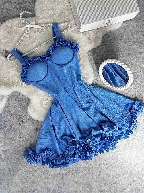 Жіноче святкове ефектне плаття на бретелях із чашечками жатка зара Блакитний, 46/48 Одеса - фото 1