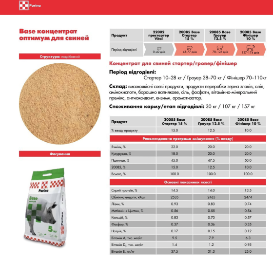 Концентрат Purina Cargill Base Оптимум для свиней (стартер 15%, гроуэр 12.5%, финишер 10%), 10 кг Винница