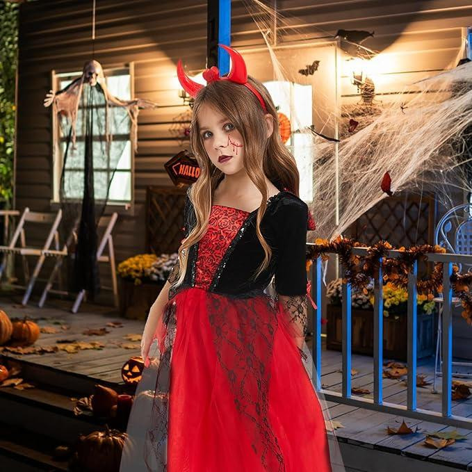 Костюм платье вампира чёртика для девочек красное, комплект на Хэллоуин обруч с рожками наклейки на 105-115 см Киев - изображение 5