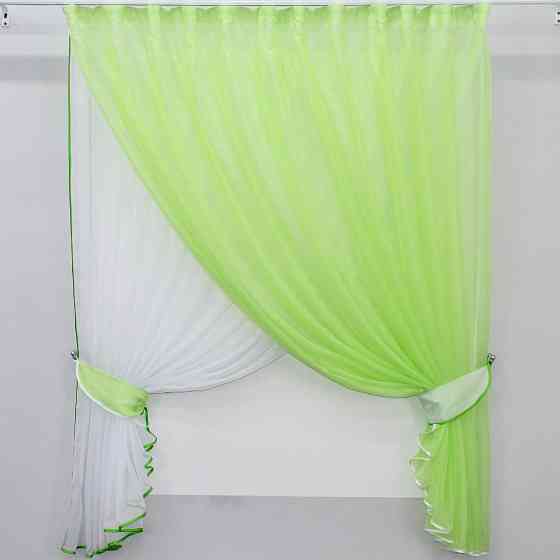 Кухонні шторки VR-Textil № 076к "Дует" з підв'язками салатовий з білим 270х170 см (50-149) Київ