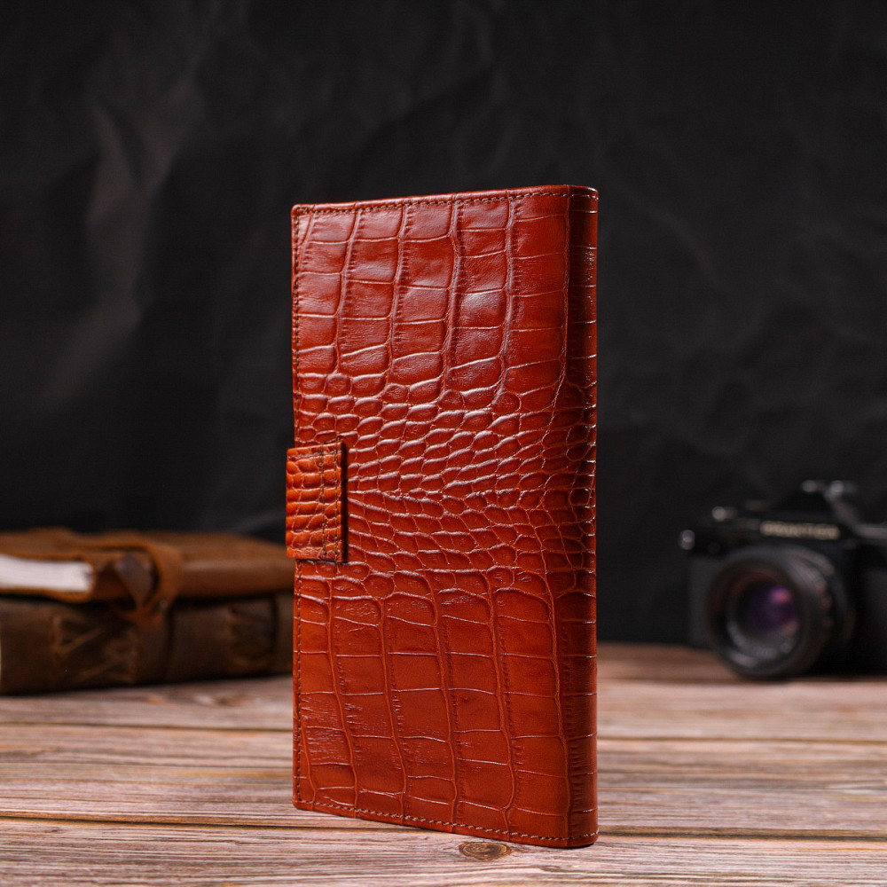 Лакированное вертикальное мужское портмоне из натуральной фактурной кожи с тиснением под крокодила CANPELLINI 21719 Коричневое Киев - изображение 9