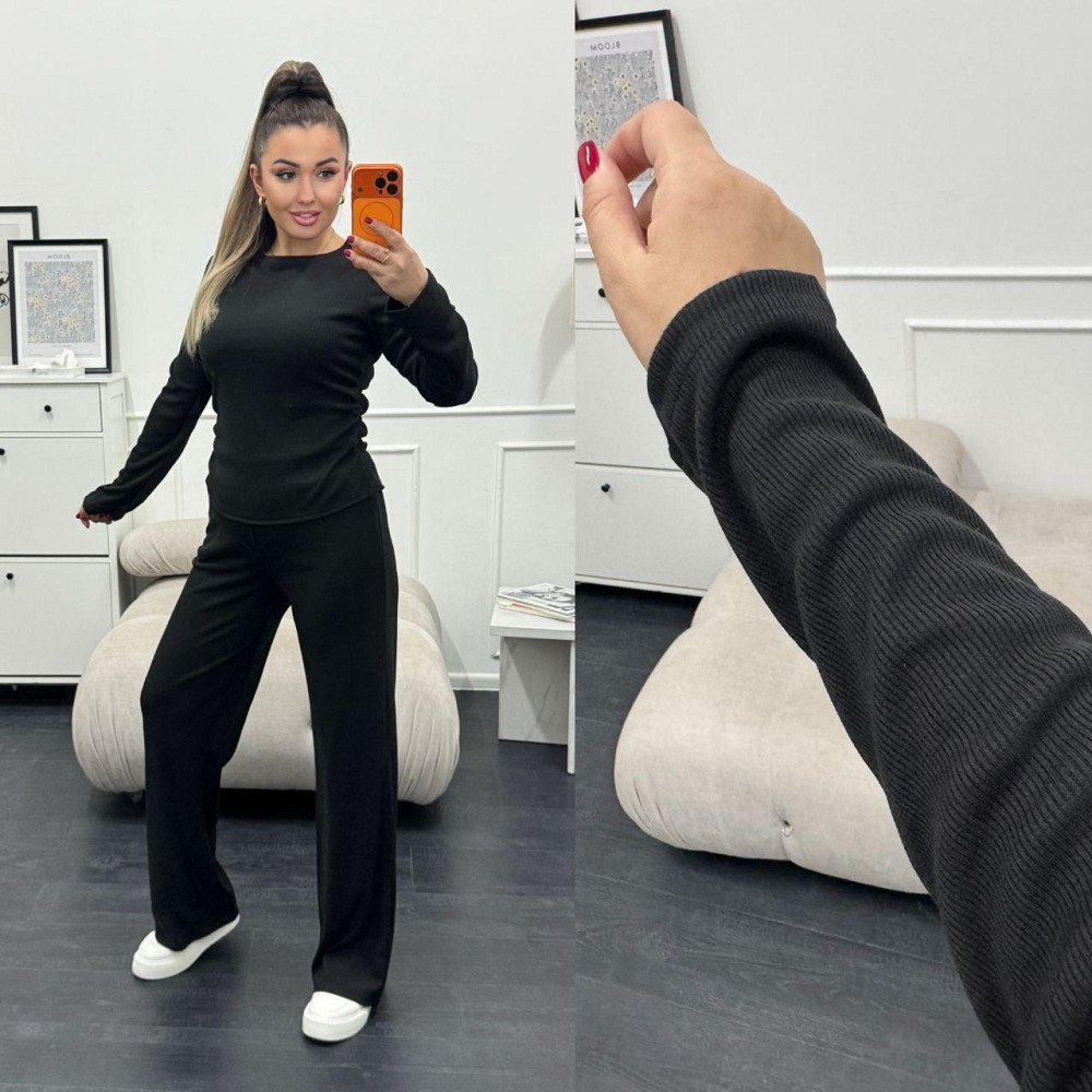 Жіночий базовий костюм-двійка: лонгслів і штани трикотажний рубчик Чорний, 50/52 Одеса - фото 8