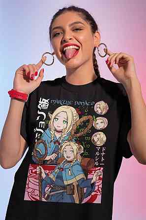 Футболка з аніме принтом Делікіоус Ін Дунгеон Маркілле оверсайз (S/M/L) Чорний AnimeJ0157 Дніпро