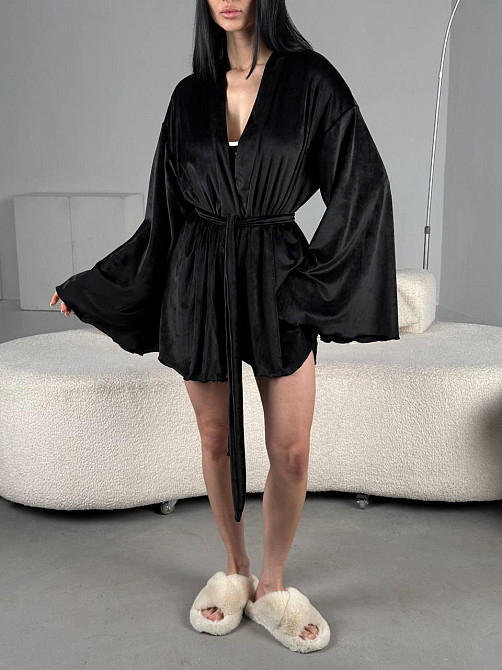 Женский домашний велюровый мини халат плюш велюр Черный, 48/52 Одесса - изображение 9