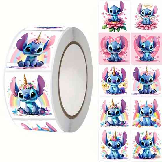 Стікери «Стіч єдиноріг» — рулон 500 шт, Ø2.5 см, милі наліпки для школи, щоденників і пакування Київ