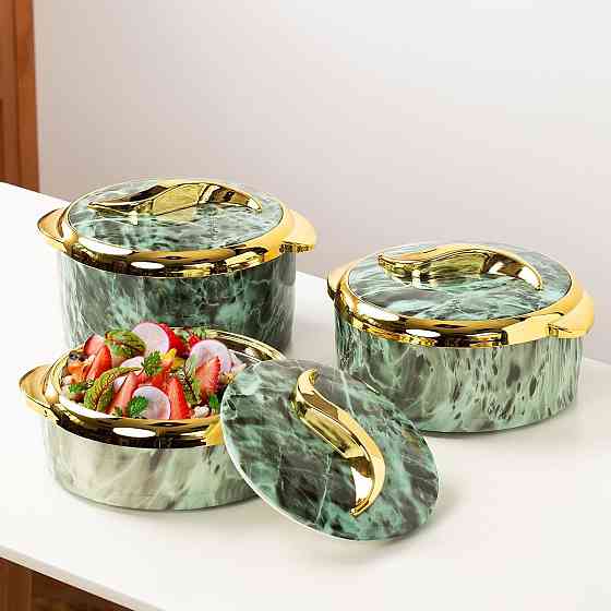 Набор термосов для еды 3в1 термоконтейнеры для сервировки стола, для хранения горячей и холодной пищи 2.5-2-1.5 л,зелёный Каменец-Подольский