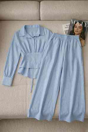 Жіночий стильний трендовий повсякденний костюм льон жатка Блакитний, 48/50 Одеса