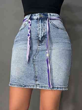 Спідниця жіноча джинсова Vanver 2033 пряма коротка з поясом стрейчева блакитна, блакитний, 27, 27, 71 см, 96 см Київ