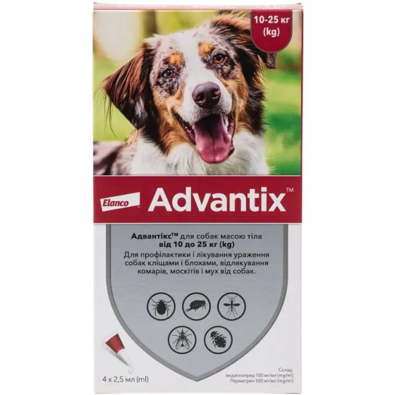 Краплі для собак 10-25 кг проти бліх і кліщів Bayer Elanco Advantix (Байєр Адвантис) 4 піпетки по 2.5 мл Запоріжжя