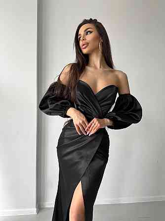 Женское роскошное вечернее платье со шлейфом и съемными рукавами из королевского атласа Черный, S Одесса