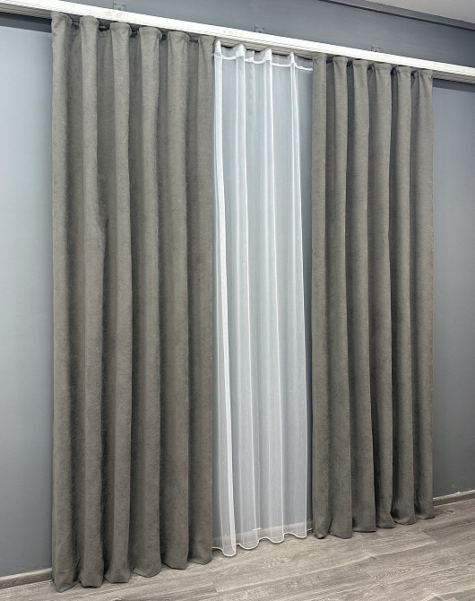 Комплект штор VR-Textil Мікровелюр Petek 150х270 2шт і Тюль 400х270 1702ш-1153т Сірий з білим 71-056/3 Київ - фото 3