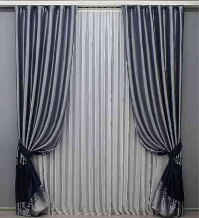Комплект готовых штор VR-Textil ANZIO № 1463ш Серебристый с синим 140х290 см 2 шт (33-0334) Киев
