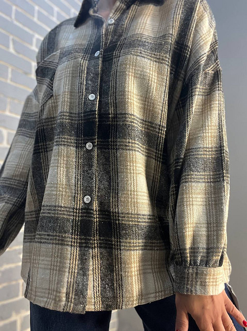 Сорочка жіноча A-N 211 картата оверсайз в клітинку тепла байкова кишеня one size темно бежева, темно-бежевий, one size Київ - фото 2