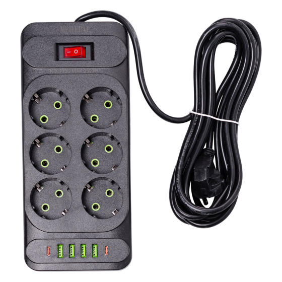 Мережевий фільтр подовжувач 3 м на 6 розеток 4 USB 2 Type-C та кнопкою вимкнення HP-5-15 Коломия