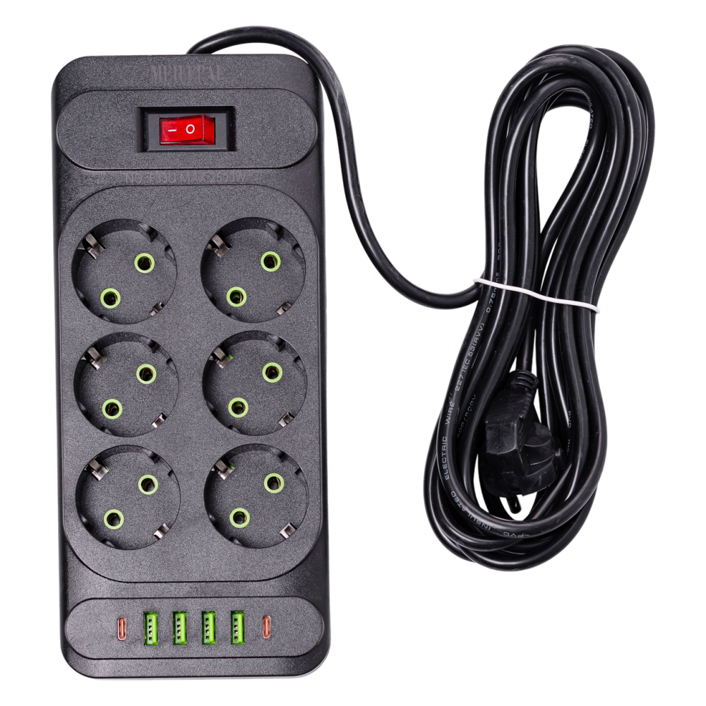 Мережевий фільтр подовжувач 3 м на 6 розеток 4 USB 2 Type-C та кнопкою вимкнення HP-5-15 Коломия - фото 1