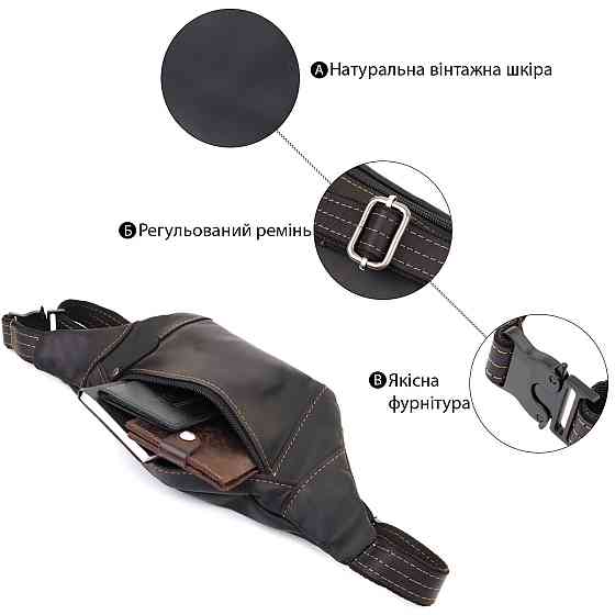 Стильная сумка-бананка для мужчин из натуральной винтажной кожи Shvigel 23120 Черный Киев